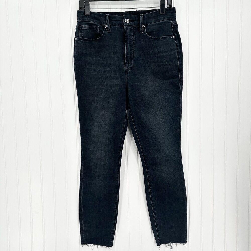 Good American Jeans Women 10 30 Good Waist Crop Skinny Ankle Blue Denim Fray EUC